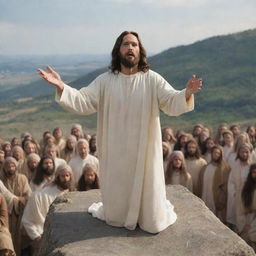 Jesus Christ delivering the Sermon on the Mount, surrounded by a multitude of followers. He stands on elevated ground, his hands raised expressively. His face communicates profound wisdom, and the audience is captivated by his teachings.