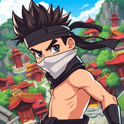 A stylized portrait of a character inspired by a young ninja with spiky hair and an iconic headband, depicted in a dramatic, action-packed pose