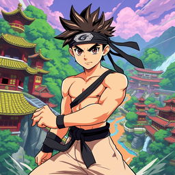 A stylized portrait of a character inspired by a young ninja with spiky hair and an iconic headband, depicted in a dramatic, action-packed pose