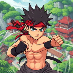 A stylized portrait of a character inspired by a young ninja with spiky hair and an iconic headband, depicted in a dramatic, action-packed pose