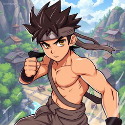 A stylized portrait of a character inspired by a young ninja with spiky hair and an iconic headband, depicted in a dramatic, action-packed pose