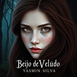 Book cover design for 'Beijo de Veludo' by Yasmim Silva featuring the protagonist with brown eyes and brown hair, white skin with light freckles