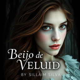 Book cover design for 'Beijo de Veludo' by Yasmim Silva featuring the protagonist with brown eyes and brown hair, white skin with light freckles