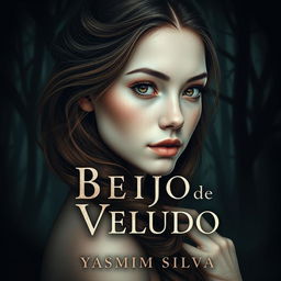 Book cover design for 'Beijo de Veludo' by Yasmim Silva featuring the protagonist with brown eyes and brown hair, white skin with light freckles