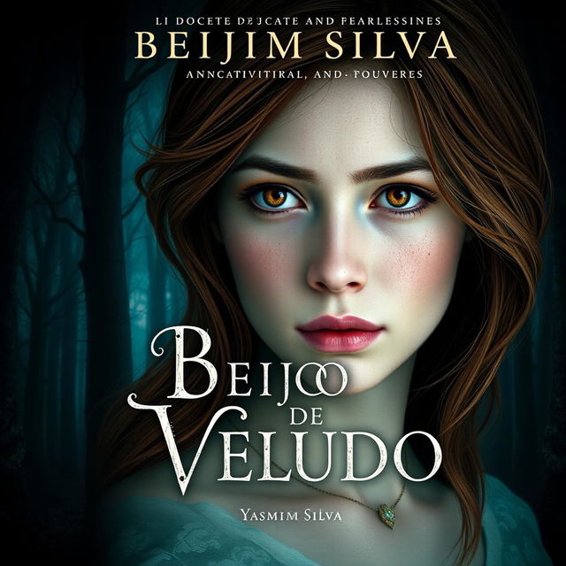 Book cover design for 'Beijo de Veludo' by Yasmim Silva featuring the protagonist with brown eyes and brown hair, white skin with light freckles