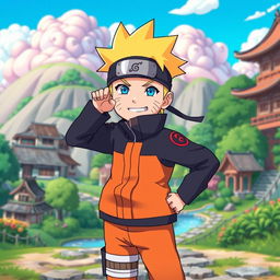 A creatively reimagined version of Naruto, depicted in a playful and humorous way as if he is in a whimsical pose, showcasing his iconic ninja outfit with exaggerated cartoon traits