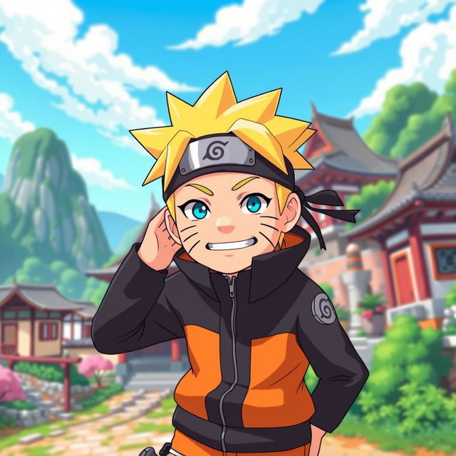 A creatively reimagined version of Naruto, depicted in a playful and humorous way as if he is in a whimsical pose, showcasing his iconic ninja outfit with exaggerated cartoon traits