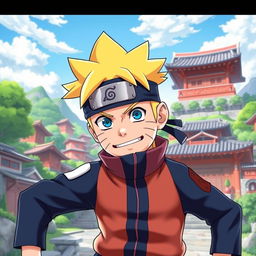 A creatively reimagined version of Naruto, depicted in a playful and humorous way as if he is in a whimsical pose, showcasing his iconic ninja outfit with exaggerated cartoon traits