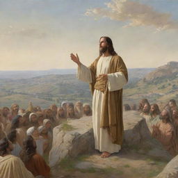 Portrayal of Jesus Christ delivering the Sermon on the Mount, his figure elevated on a hill, addressing an enraptured multitude. His expressions depict wisdom and deep compassion, while the crowd reflects complete devotion to his divine teachings.