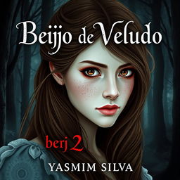 Book cover design for 'Beijo de Veludo' by Yasmim Silva featuring the protagonist with brown eyes and brown hair, white skin with light freckles