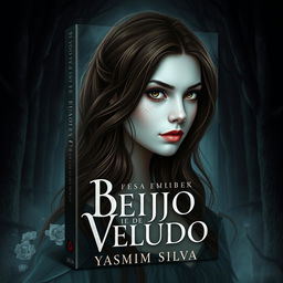 Book cover design for 'Beijo de Veludo' by Yasmim Silva featuring the protagonist with brown eyes and brown hair, white skin with light freckles