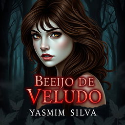 Book cover design for 'Beijo de Veludo' by Yasmim Silva featuring the protagonist with brown eyes and brown hair, white skin with light freckles