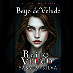 Book cover design for 'Beijo de Veludo' by Yasmim Silva featuring the protagonist with brown eyes and brown hair, white skin with light freckles