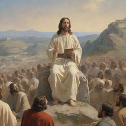 Portrayal of Jesus Christ delivering the Sermon on the Mount, his figure elevated on a hill, addressing an enraptured multitude. His expressions depict wisdom and deep compassion, while the crowd reflects complete devotion to his divine teachings.