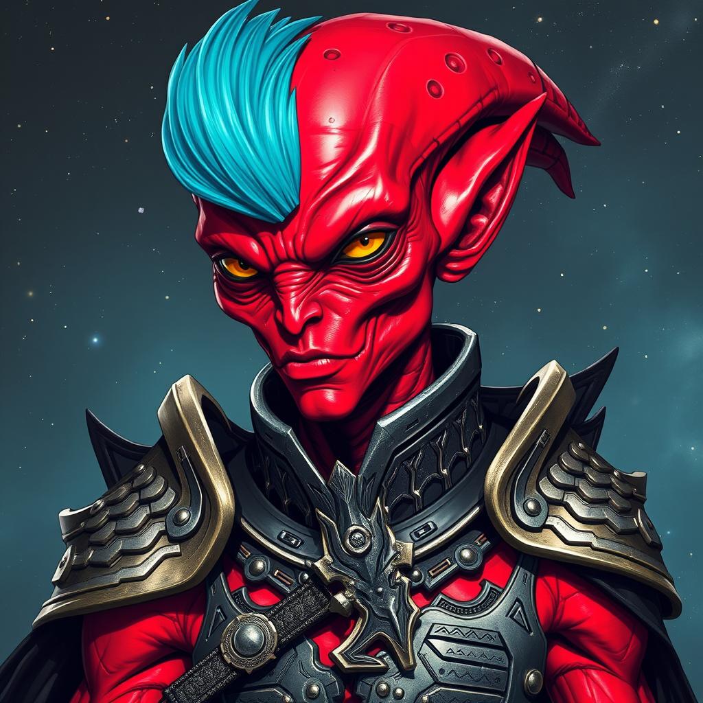 A striking red-skinned alien humanoid character dressed in intricate warrior armor