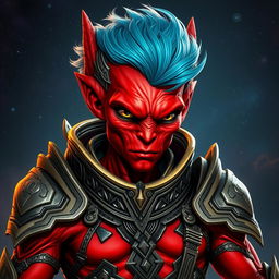 A striking red-skinned alien humanoid character dressed in intricate warrior armor