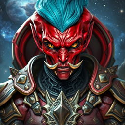 A striking red-skinned alien humanoid character dressed in intricate warrior armor