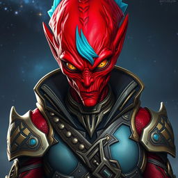 A striking red-skinned alien humanoid character dressed in intricate warrior armor