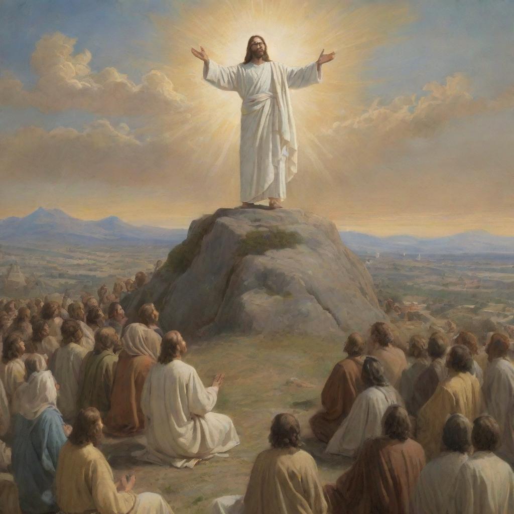 Portrayal of Jesus Christ delivering the Sermon on the Mount, his figure elevated on a hill, addressing an enraptured multitude. His expressions depict wisdom and deep compassion, while the crowd reflects complete devotion to his divine teachings.