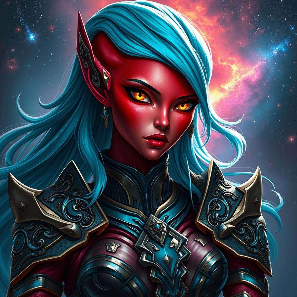 A beautiful female red-skinned alien humanoid character adorned in intricate warrior armor