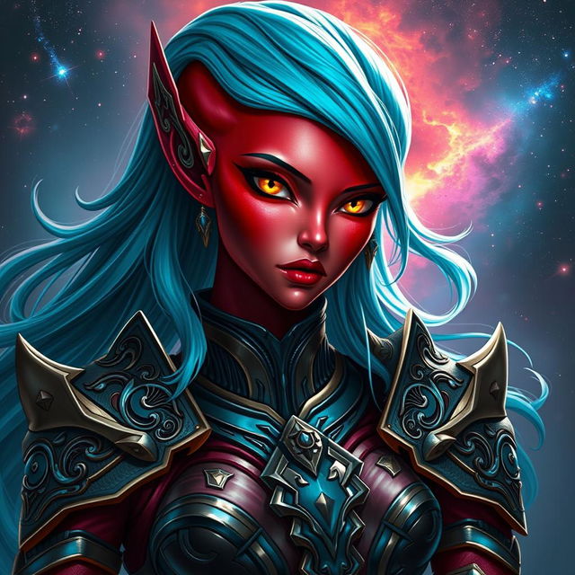 A beautiful female red-skinned alien humanoid character adorned in intricate warrior armor