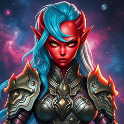 A beautiful female red-skinned alien humanoid character adorned in intricate warrior armor