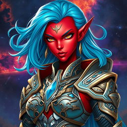 A beautiful female red-skinned alien humanoid character adorned in intricate warrior armor