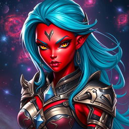 A beautiful female red-skinned alien humanoid character adorned in intricate warrior armor