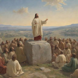 Portrayal of Jesus Christ delivering the Sermon on the Mount, his figure elevated on a hill, addressing an enraptured multitude. His expressions depict wisdom and deep compassion, while the crowd reflects complete devotion to his divine teachings.