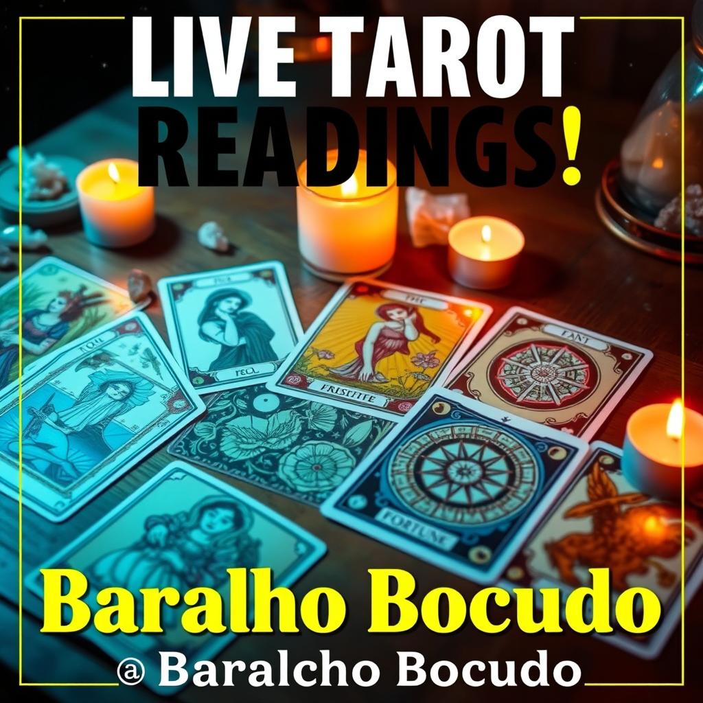 A vibrant, eye-catching thumbnail for a YouTube live stream on tarot, themed around the 'Baralho Bocudo' channel