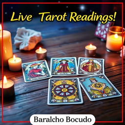 A vibrant, eye-catching thumbnail for a YouTube live stream on tarot, themed around the 'Baralho Bocudo' channel