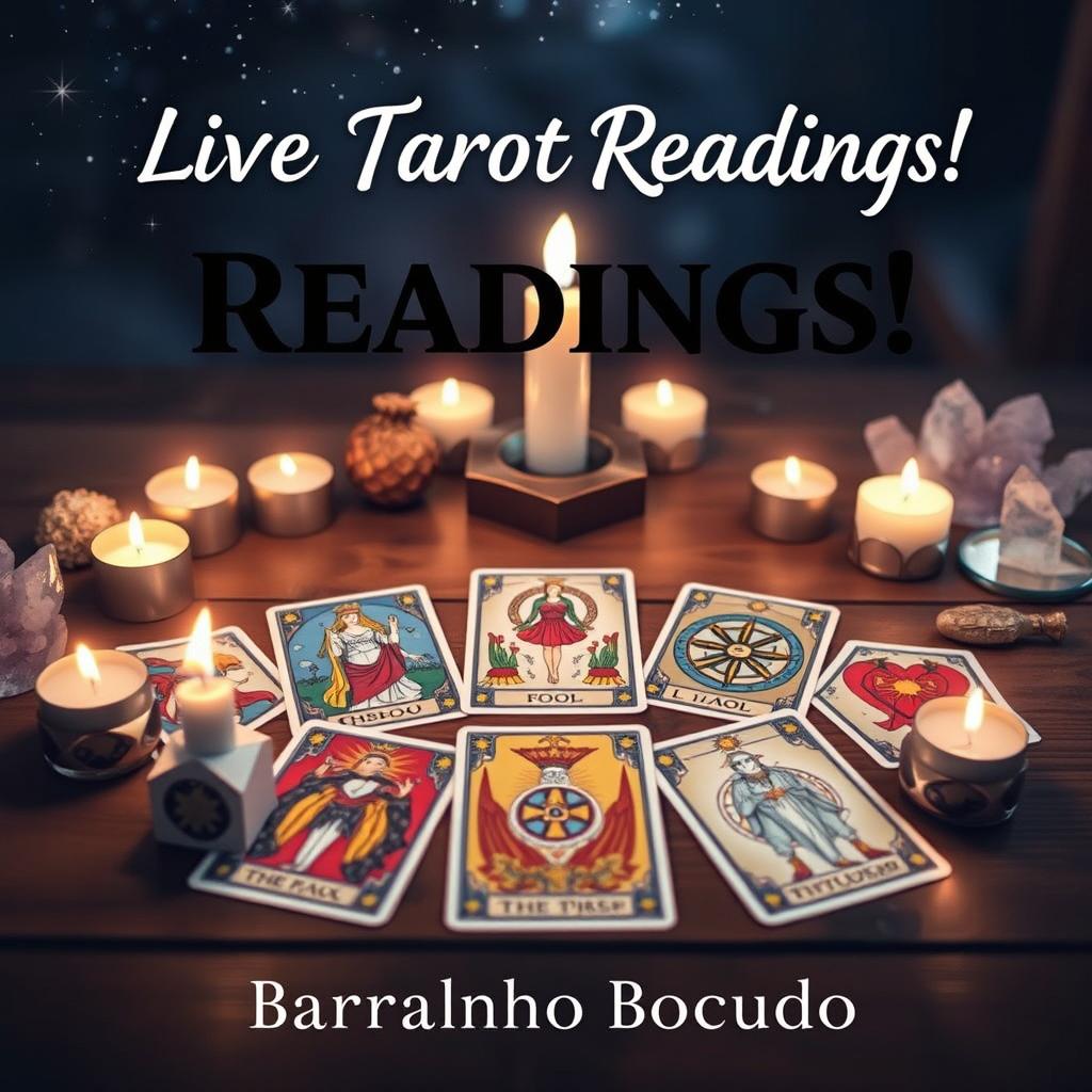 A vibrant, eye-catching thumbnail for a YouTube live stream on tarot, themed around the 'Baralho Bocudo' channel