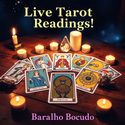 A vibrant, eye-catching thumbnail for a YouTube live stream on tarot, themed around the 'Baralho Bocudo' channel