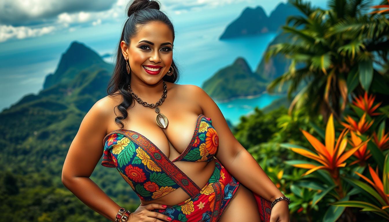 A stunning portrait of a sexy Colombian woman, showcasing her BIG, voluptuous figure in a sultry and alluring pose