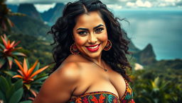 A stunning portrait of a sexy Colombian woman, showcasing her BIG, voluptuous figure in a sultry and alluring pose