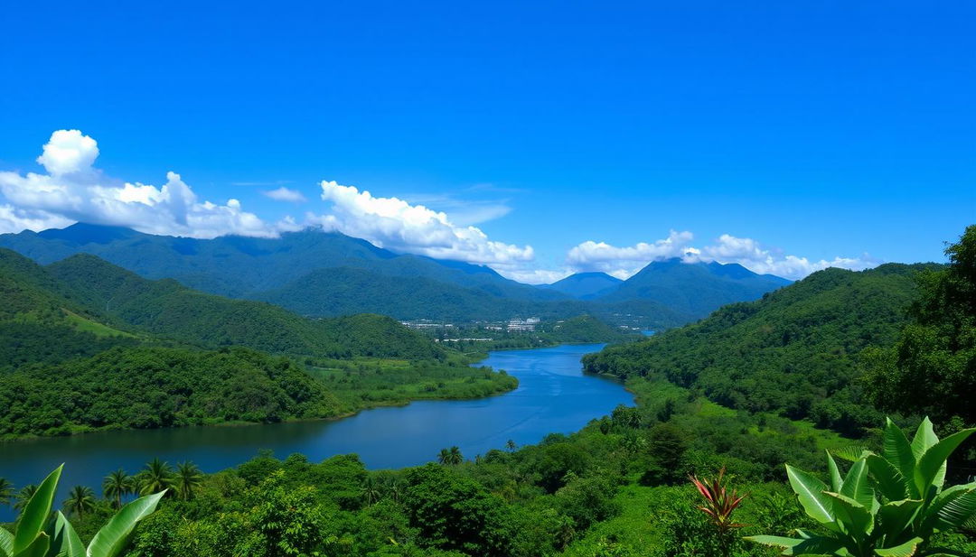 A serene and breathtaking landscape of Panama, showcasing the country's lush greenery, rolling hills, and vibrant tropical flora