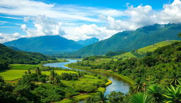 A serene and breathtaking landscape of Panama, showcasing the country's lush greenery, rolling hills, and vibrant tropical flora