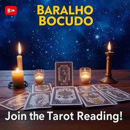 An eye-catching YouTube thumbnail for a live tarot reading themed event on the channel "Baralho Bocudo"