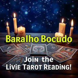 An eye-catching YouTube thumbnail for a live tarot reading themed event on the channel "Baralho Bocudo"