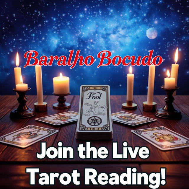 An eye-catching YouTube thumbnail for a live tarot reading themed event on the channel "Baralho Bocudo"