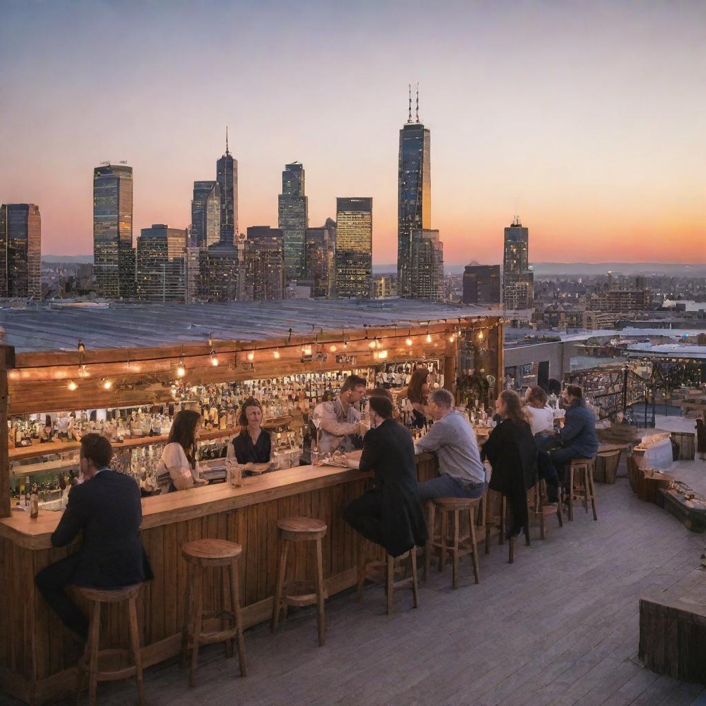 A bustling rooftop bar during sunset with city skyline in the backdrop. Includes features such as fairy lights, stylish furniture, a wooden bar counter, a lounge area, and patrons enjoying their drinks.