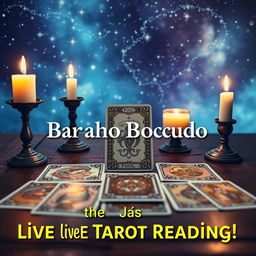 An eye-catching YouTube thumbnail for a live tarot reading themed event on the channel "Baralho Bocudo"