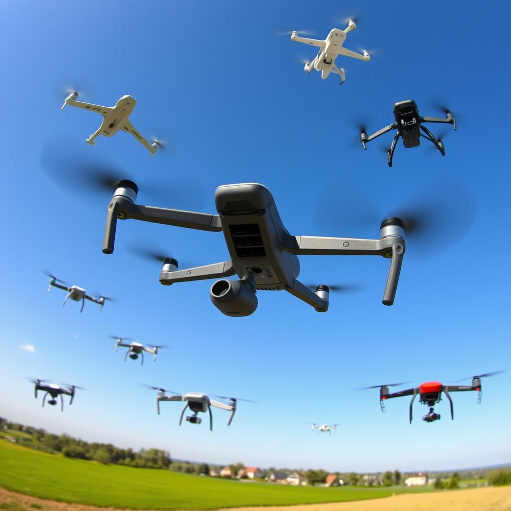 A collection of various drones soaring through a clear blue sky, showcasing different models and types, including a sleek racing drone, a powerful commercial drone with a high-resolution camera, and a compact delivery drone