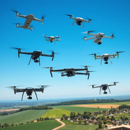 A collection of various drones soaring through a clear blue sky, showcasing different models and types, including a sleek racing drone, a powerful commercial drone with a high-resolution camera, and a compact delivery drone