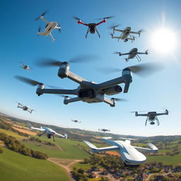 A collection of various drones soaring through a clear blue sky, showcasing different models and types, including a sleek racing drone, a powerful commercial drone with a high-resolution camera, and a compact delivery drone