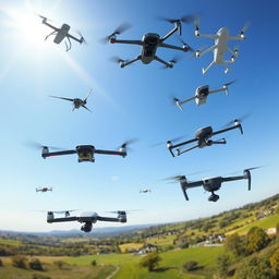 A collection of various drones soaring through a clear blue sky, showcasing different models and types, including a sleek racing drone, a powerful commercial drone with a high-resolution camera, and a compact delivery drone