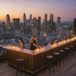 A bustling rooftop bar during sunset with city skyline in the backdrop. Includes features such as fairy lights, stylish furniture, a wooden bar counter, a lounge area, and patrons enjoying their drinks.