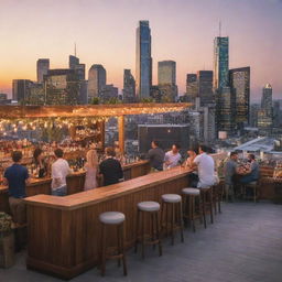 A bustling rooftop bar during sunset with city skyline in the backdrop. Includes features such as fairy lights, stylish furniture, a wooden bar counter, a lounge area, and patrons enjoying their drinks.