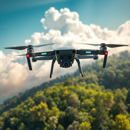 A high-tech drone soaring above a lush, green landscape, capturing stunning aerial views