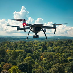 A high-tech drone soaring above a lush, green landscape, capturing stunning aerial views